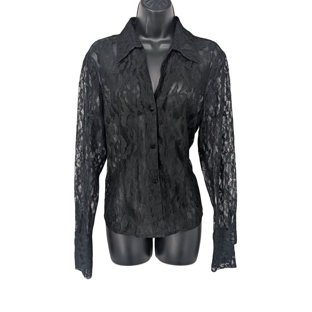 Black Sheer Lace Button Up Top Overlay Floral Romantic Goth Y2K Coquette Size 12